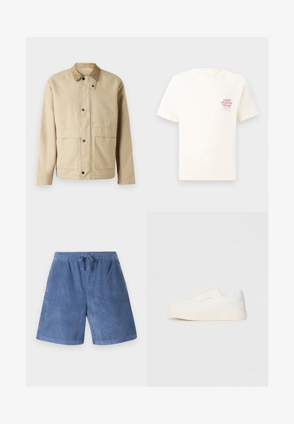 Beige jakke med et kordfløjskrave, trykknapper, to forlommer og en let fitted pasform. Lavet af blødt stof.; Hvid kortermet T-shirt med rød tekst "Studio Originals Edition" på venstre bryst, vist på en neutral grå baggrund.; Blå kordfløjlsshorts med elastisk talje og snøring. Har lodret ribbet tekstur og lige ben.; Hvide slip-on sneakers med en struktureret overflade, en tyk sål og et minimalistisk design. Har brandlogoet på siden.
