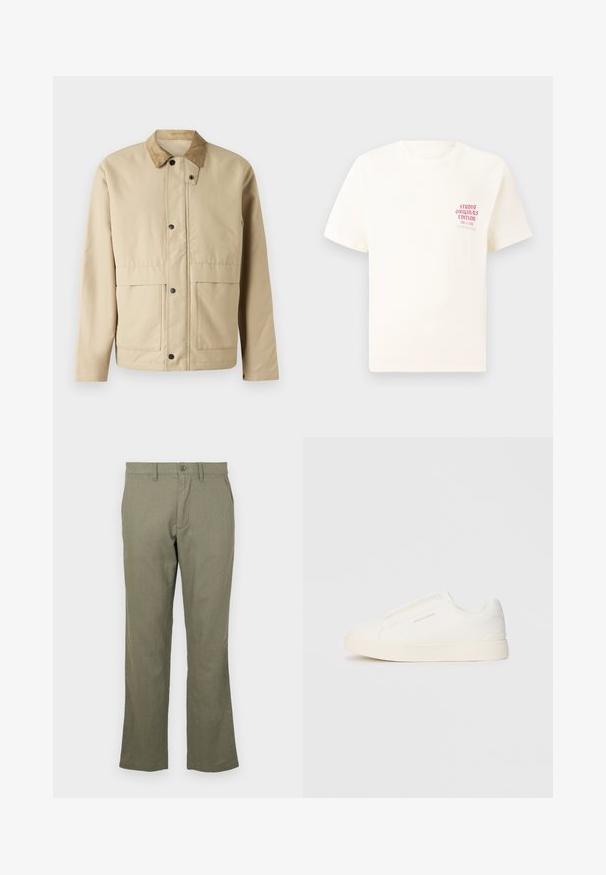 Beige jas met een ribstoffen kraag, drukknoopsluiting, twee voorzakken en een licht getailleerde pasvorm. Gemaakt van gladde stof.; Witte T-shirt met korte mouwen met rode tekst "Studio Originals Edition" op de linker borst, weergegeven op een neutrale grijze achtergrond.; Casual olijfgroene broek van een zacht materiaal. Heeft een rechte pijp, zijzakken en een knoopsluiting. Geen zichtbare patronen.; Witte instap sneakers met een gestructureerd oppervlak, een dikke zool en een minimalistisch ontwerp. Bevat het merklogo aan de zijkant.