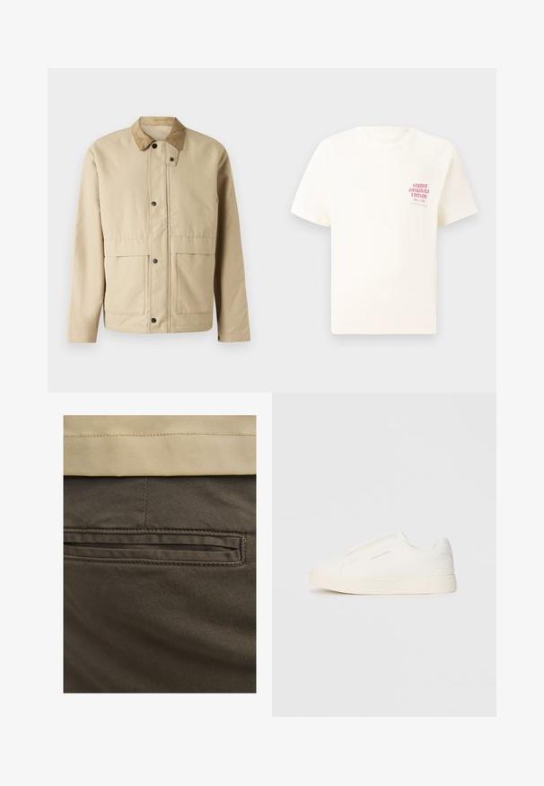 Beige jakke med et kordfløjskrave, trykknapper, to forlommer og en let fitted pasform. Lavet af blødt stof.; Hvid kortermet T-shirt med rød tekst "Studio Originals Edition" på venstre bryst, vist på en neutral grå baggrund.; Brune bomuldsbukser med en synlig baglomme, prydet med diskrete syninger og en glat tekstur. Linningen har en kontrasterende beige farve.; Hvide slip-on sneakers med en struktureret overflade, en tyk sål og et minimalistisk design. Har brandlogoet på siden.
