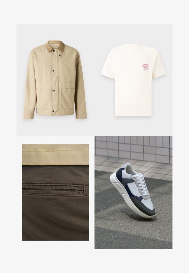 Veste beige avec un col en velours côtelé, des boutons-pression, deux poches à l'avant, et une coupe légèrement ajustée. Fabriquée en tissu lisse.; T-shirt blanc à manches courtes avec le texte rouge "Édition Originals du Studio" sur la poitrine gauche, présenté sur un fond gris neutre.; Pantalons en coton marron avec une poche arrière visible, accentués par des coutures subtiles et une texture lisse. La taille est d'un beige contrastant.; Baskets blanches, bleu marine et grises avec un design en matériaux mélangés, présentant une tige texturée, des lacets plats et une semelle rembourrée.