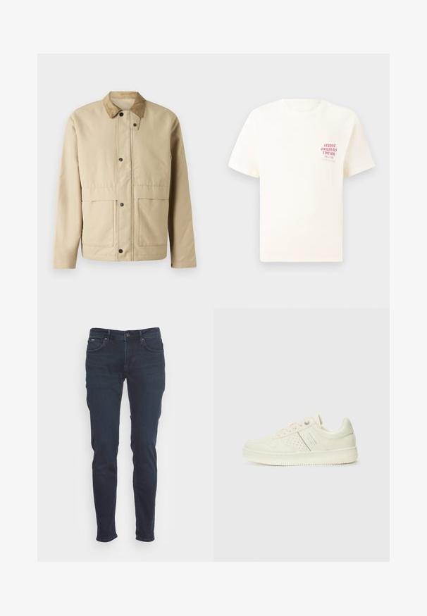 Beige jacket with a corduroy collar, snap buttons, two front pockets, and a slightly fitted shape. Made of smooth fabric.; White short-sleeve T-shirt with red text "Studio Originals Edition" on left chest, displayed on a neutral gray background.; Dark blue jeans in a slim fit design. Made of denim, featuring a button and zip fly, five pockets, and subtle stitching details.; Cream-colored sneaker with perforated detailing, laces, and logo on the side, displayed against a plain white background.