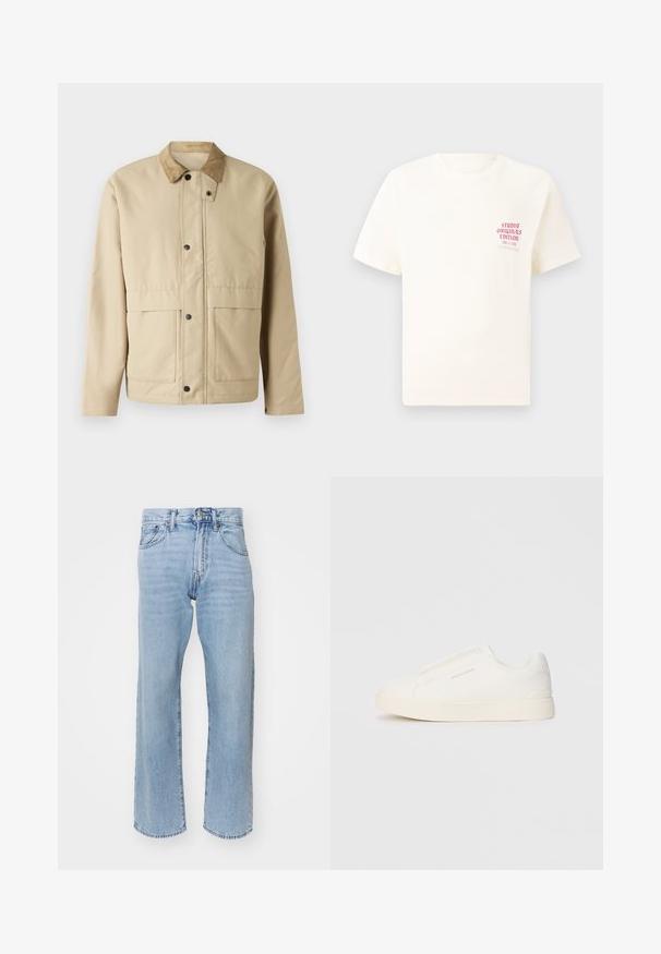 Casaco bege com colarinho de veludo cotelê, botões de pressão, dois bolsos frontais e uma forma ligeiramente ajustada. Feito de um tecido liso.; T-shirt branca de mangas curtas com o texto vermelho "Edição Originais do Estúdio" no lado esquerdo do peito, apresentada sobre um fundo cinza neutro.; Jeans de ganga azul claro com um design de perna reta, cintura alta, costura visível e estilo de cinco bolsos. Barra simples sem adornos.; Sapatilhas brancas de atacar com uma superfície texturizada, sola grossa e design minimalista. Possui o logo da marca na lateral.