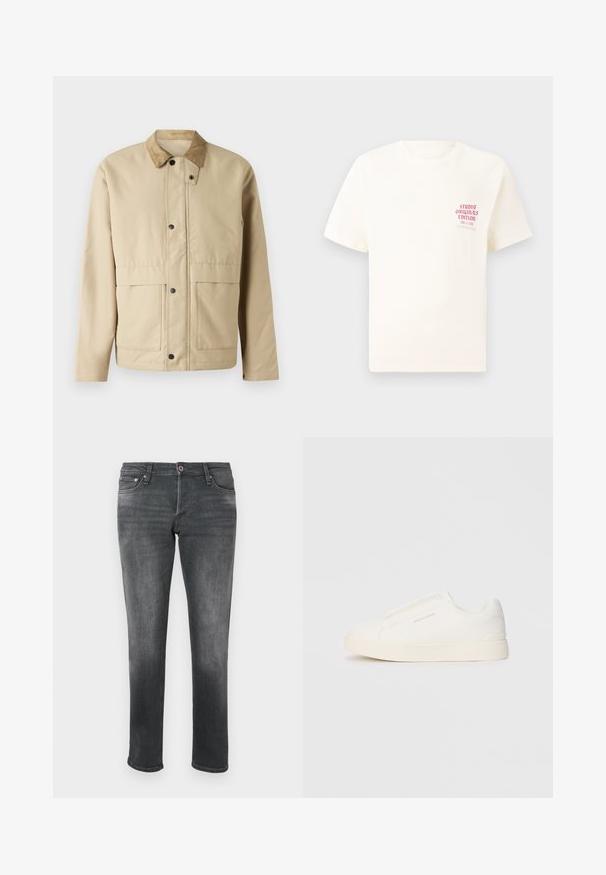 Casaco bege com colarinho de veludo cotelê, botões de pressão, dois bolsos frontais e uma forma ligeiramente ajustada. Feito de um tecido liso.; T-shirt branca de mangas curtas com o texto vermelho "Edição Originais do Estúdio" no lado esquerdo do peito, apresentada sobre um fundo cinza neutro.; Jeans em denim cinza com corte reto, apresentando fecho de botão, design de cinco bolsos e variações de textura subtis.; Sapatilhas brancas de atacar com uma superfície texturizada, sola grossa e design minimalista. Possui o logo da marca na lateral.