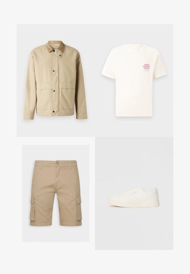 Beige jacket with a corduroy collar, snap buttons, two front pockets, and a slightly fitted shape. Made of smooth fabric.; White short-sleeve T-shirt with red text "Studio Originals Edition" on left chest, displayed on a neutral gray background.; Beige cargo shorts made of lightweight fabric. Features include side pockets, a button closure, and a straight cut with stitched detailing.; White slip-on sneakers with a textured surface, a thick sole, and minimalistic design. Features brand logo on the side.