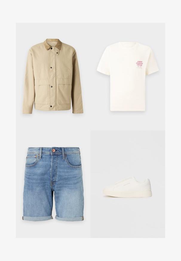 Šviesiai rudas švarkas su aksomo apykakle, užsegamas mygtukais, dviem priekinių kišenėmis ir šiek tiek prigludusia forma. Pagamintas iš lygaus audinio.; Balta trumpa rankovėmis marškinėliai su raudonu užrašu "Studio Originals Edition" kairiajame krūtinės šone, rodomi neutralioje pilkoje aplinkoje.; Šviesiai mėlyni džinsiniai šortai su klasikinio kirpimo, sukamu kraštu, priekinėmis kišenėmis ir variniais mygtukais. Minkšta tekstūra ir kasdieniškas dizainas.; Baltos slip-on sportbačiai su tekstūruota paviršiumi, storesniu padu ir minimalistišku dizainu. Šone matosi prekės ženklo logotipas.