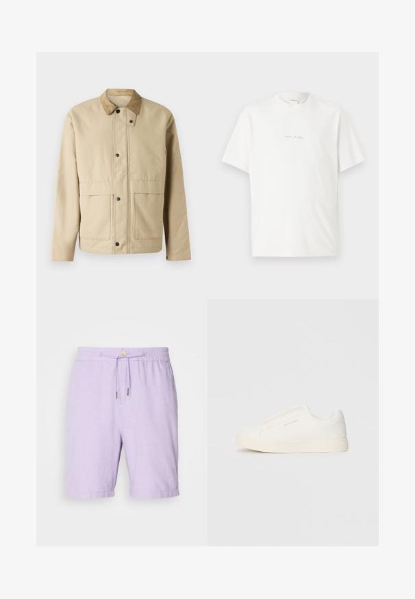 Bēša jakas ar kordorēda apkakli, spiedpogām, divām priekšējām kabatām un nedaudz pieguļošu formu. Izgatavota no gludas auduma.; Balts kokvilnas T-krekls ar apaļu kakla izgriezumu, īsām piedurknēm un mazu drukātu logotipu priekšā. Gluda tekstūra un brīvs griezums.; Lillā linu bikses ar elastīgu jostasvadu, aukliņu aizdari un divām sānu kabatām. Tām ir brīva piegriezuma forma un apdari pie maliņām.; Baltas slip-on sporta apavi ar teksturētu virsmu, biezu zoli un minimālistisku dizainu. Sānos redzams zīmola logotips.