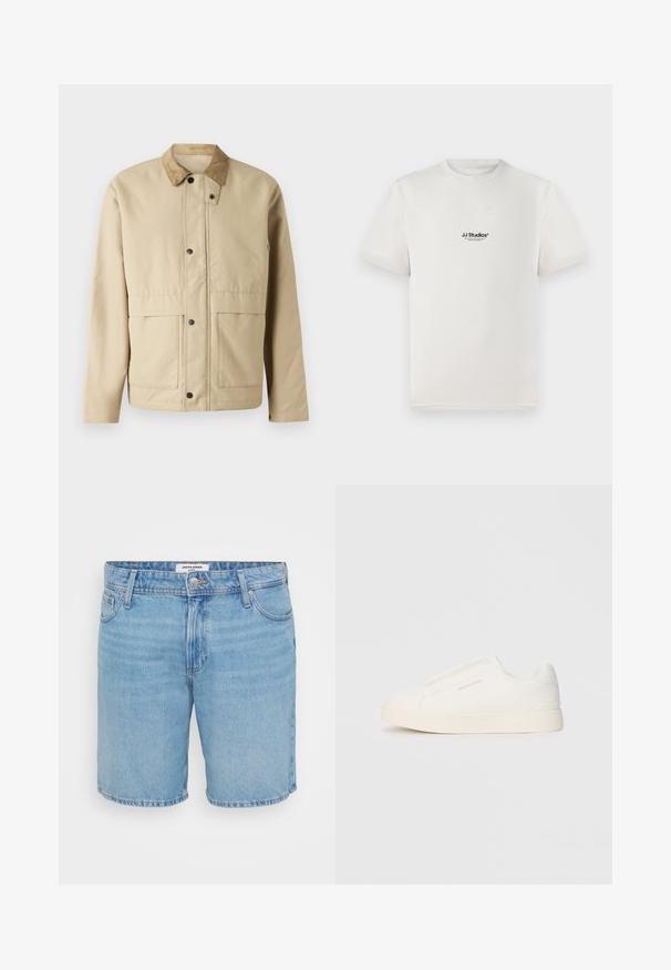 Beige jakke med kordfløyelsbluse, trykknapper, to frontlommer og en lett justert fasong. Laget av glatt stoff.; Hvit bomulls-t-skjorte med korte ermer, med en svart "JJ Studios" logo på brystet. Rund hals og standard passform.; Lys blå denimshorts med klassisk passform, med fem lommer, knappelukking og subtil falming. Glatt tekstur, sømmede kanter.; Hvite slip-on joggesko med teksturert overflate, tykk såle og minimalistisk design. Har merkevarelogo på siden.