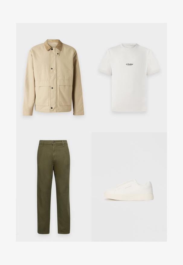 Bež jakna s kordura ovratnikom, zapenjanjem na gumbke, dvema sprednjima žepoma in rahlo prilegajočo obliko. Narejena iz gladkega materiala.; Bela bombažna majica s kratkimi rokavi, ki na prsih nosi črni logotip "JJ Studios". Ima krožni ovratnik in standardno prileganje.; Olivno zeleni bombažni hlače s ravnim krojem, zapenjanjem na gumb in minimalnimi šivi. Gladka tekstura in brez izrazitih vzorcev.; Bele zapete brez vezalk z teksturirano površino, debelim podplatom in minimalističnim dizajnom. Na strani se nahaja logotip blagovne znamke.
