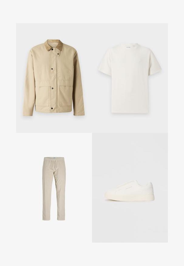 Beige Jacke mit einem Cordkragen, Druckknöpfen, zwei vorderen Taschen und einer leicht taillierten Form. Aus glattem Stoff gefertigt.; Weißes T-Shirt mit kurzen Ärmeln in gerippter Textur. Runder Ausschnitt, lockere Passform, keine sichtbaren Muster oder Akzente. Einfaches und vielseitiges Design.; Beige Cord-Hosen mit einem Kordelzugbund, geraden Beinen und vertikaler Rippstruktur. Keine Taschen oder zusätzlichen Verzierungen.; Weiße Slip-On-Sneaker mit einer strukturierten Oberfläche, dicker Sohle und minimalistischem Design. Mit Logo der Marke an der Seite.