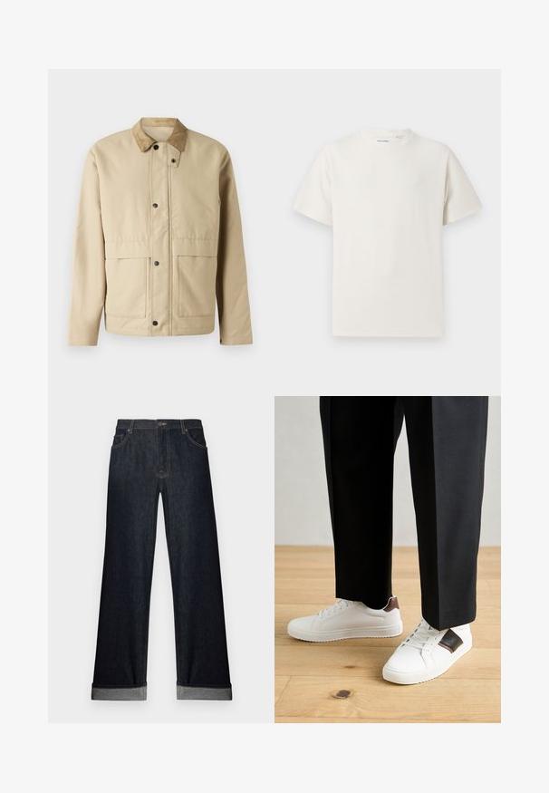 Beige jakke med kordfløyelsbluse, trykknapper, to frontlommer og en lett justert fasong. Laget av glatt stoff.; Hvit T-skjorte med kort erm i ribbestrikket tekstur. Rund hals, avslappet passform, ingen synlige mønstre eller detaljer. Enkelt og allsidig design.; Vide benedark denim jeans med oppbrettete kanter, knappelukking og frontlommer. Stoffet har en jevn tekstur med subtile sømdetaljer.; Hvite sneakers med glatt tekstur, med brune skinnakenter og svart detaljer, parret med svarte skreddersydde bukser. Bakgrunn med tregulv.