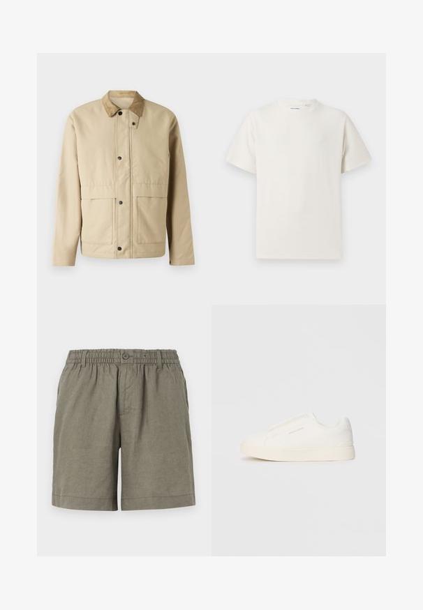 Chaqueta beige con cuello de pana, botones a presión, dos bolsillos frontales y una forma ligeramente ajustada. Fabricada con tela suave.; Camiseta blanca de manga corta en textura acanalada. Cuello redondo, corte relajado, sin patrones ni acentos visibles. Diseño simple y versátil.; Pantalones cortos color caqui en tejido ligero con cintura elástica y cierre de botón. Presenta un diseño de pierna recta y dobladillo arremangado.; Zapatillas blancas tipo slip-on con una superficie texturizada, suela gruesa y diseño minimalista. Presenta el logo de la marca en un lado.