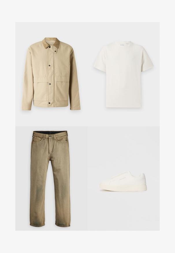 Casaco bege com colarinho de veludo cotelê, botões de pressão, dois bolsos frontais e uma forma ligeiramente ajustada. Feito de um tecido liso.; T-shirt branco de manga curta em textura canelada. Gola redonda, ajuste descontraído, sem padrões ou detalhes visíveis. Design simples e versátil.; Jeans de perne reta em cor caqui com cinco bolsos, fecho de botão e passadeiras para cinto, dispostos de forma plana sobre um fundo branco.; Sapatilhas brancas de atacar com uma superfície texturizada, sola grossa e design minimalista. Possui o logo da marca na lateral.
