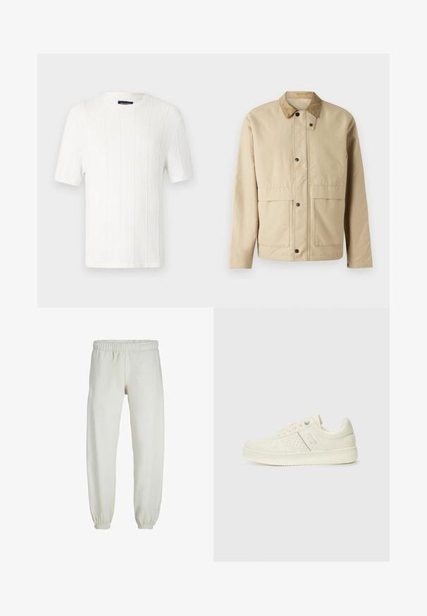Beige jacket with a corduroy collar, snap buttons, two front pockets, and a slightly fitted shape. Made of smooth fabric.; White short-sleeve knit sweater with a ribbed texture, round neckline, and subtle pattern. Lightweight fabric with slightly fitted shape.; White sweatpants made from soft fabric, featuring an elastic waistband and cuffs, with a smooth texture and loose-fitting design.; Cream-colored sneaker with perforated detailing, laces, and logo on the side, displayed against a plain white background.