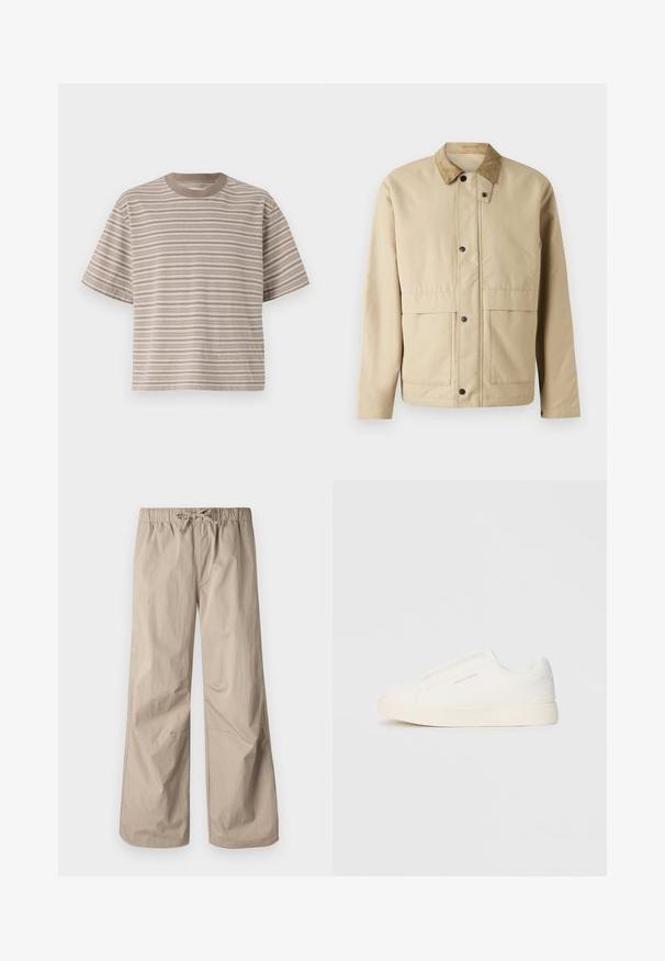 Beige jacket with a corduroy collar, snap buttons, two front pockets, and a slightly fitted shape. Made of smooth fabric.; Striped short-sleeve t-shirt in beige tones, round neckline, soft fabric, relaxed fit, featuring alternating light and dark horizontal stripes.; Beige wide-leg pants with an elastic waistband and drawstring. Smooth texture, two side pockets, and minimal seams for a relaxed fit.; White slip-on sneakers with a textured surface, a thick sole, and minimalistic design. Features brand logo on the side.
