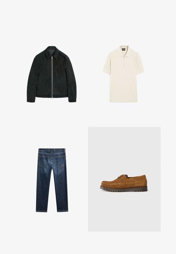 Schwarze Wildlederjacke mit Kragen, Vorderreißverschluss und einer Brusttasche. Glatte Textur und schlankes Design.; Beige Poloshirt mit kurzen Ärmeln aus strukturiertem Stoff; verfügt über eine Reißverschlussleiste und einen klassischen Kragen. Einfaches und minimalistisches Design.; Dunkelblaue Jeans aus Denim mit geradem Schnitt, fünf Taschen und kontrastierendem Nähen. Sie verfügen über einen sauberen Bund und Saum.; Braune Wildleder-Schnürschuhe mit dickem schwarzem strukturiertem Absatz, sichtbaren Nähten und klassischem Mokassin-Design auf weißem Hintergrund.