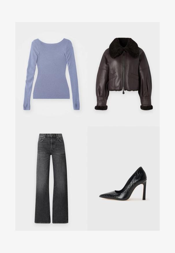 Braune Lederjacke in cropped Länge mit großem dunklem Schafsfellkragen, Reißverschluss und gerippten Schafsfellmanschetten. Verfügt über schräg geschnittene Fronttaschen.; Langärmliger Pullover aus hellblauem Rippstrick. Besitzt einen breiten Bootsausschnitt und eine figurbetonte Silhouette. Glatte Textur.; Schwarze Denim-Jeans mit hoher Taille und weitem Bein. Verfügt über fünf Taschen und eine subtile verbleichte Textur mit kontrastierenden Nähten.; Schwarzer, spitz zulaufender High Heel mit Krokodilleder-Struktur, elegantem Design, hohem Stiletto-Absatz und glattem schwarzen Innenraum.