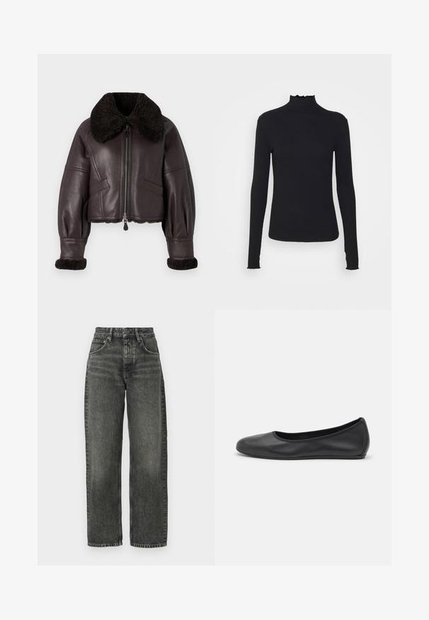 Braunā ādas saīsināta jaka ar lielu tumšu šeerlinga apkakli, rāvējslēdzēja aizdari un ribotas šeerlinga piedurknes. Iespējas slīpās priekšējās kabatas.; Melnas garām piedurknēm turtleneck blūze, izgatavota no gludas auduma, ar krokotu apkakli un pieguļošu siluetu, kas ir ar vienkāršām malām.; Won Hundred ALEXANDRA - Brīva piegriezuma džinsi - tinted black; Melna ādas baleta kurpe ar noapaļotu purngalu, gludu tekstūru, minimālu šuvju detalizāciju un elastīgu zoles dizainu.