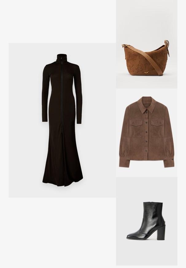 Καφέ σουέτ πουκάμισο μακρύ μανίκι με κουμπιά μπροστά, μυτερό γιακά, δύο τσέπες στη στήθη με καπάκι και κουμπωτές μανσέτες.; Μαύρο μακρύ φόρεμα με ψηλό γιακά, μακριά μανίκια και φερμουάρ μπροστά. Φτιαγμένο από ένα λεία, εφαρμοστό υλικό με φουσκωτό φούστα.; Μαύρο δερμάτινο μποτάκι έως τον αστράγαλο με απλή υφή, μυτερή μύτη και χοντρό ψηλό τακούνι. Διαθέτει πλαϊνό άνοιγμα και μινιμαλιστικό σχέδιο.; Καφέ σουέτ τσάντα ώμου με ανάγλυφο σχέδιο λουλουδιών, συμπληρωμένη από λείο καφέ δερμάτινο λουρί και ασημί χρυσές λεπτομέρειες.