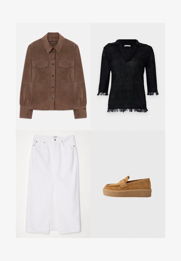 Brūns zamšs gara piedurkņu krekls ar pogām priekšā, norādītu apkakli, divām krūšu kabatām ar atloku un pogājamām aprocēm.; Melnā adīta džemperis ar V veida kaklu un apkakli. Piedāvā trīs ceturtdaļu garuma piedurknes ar fringu detaļām pie piedurknēm un apakšmalas. Strukturēts materiāls.; Bala balta denima svārki ar priekšējo šķelšanos, piecu kabatu dizainu, metāla pogu un rāvējslēdzēja aizdari, kā arī izšūti apakšmala akcenti.; Brūni zamšādas loafers ar apaļu purngalu, ar ribotu platformas zoli un dekoratīvu siksnu pāri augšdaļai.