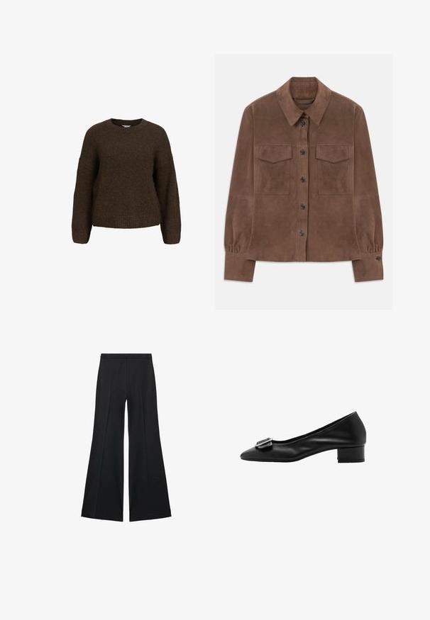 Brun ruskinds langærmet skjorte med knaplukning foran, spidse krave, to brystlommer med flap og knapmanchetter.; Brun, strikket sweatshirt med lange ærmer, rund hals og en afslappet pasform. Har en blød tekstur samt ribbede manchetter og kant.; Sorte brede bukser med en glat tekstur, der har fremadrettede folder og en skræddersyet design. Stofferne er lette og flerdimensionelle.; Sorte læderpumpe med spids tå, lille blokhæl og dekorativ spænde detalje på forfoden. Glat tekstur og enkelt design.