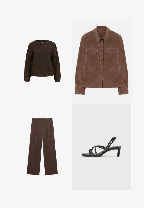 Braunes Wildlederhemd mit langen Ärmeln, Knopfleiste, spitzem Kragen, zwei Brustklapptaschen und geknöpften Manschetten.; Brauner, gestrickter Pullover mit langen Ärmeln, Rundhalsausschnitt und lockerer Passform. Hat eine weiche Textur sowie gerippte Bündchen und Saum.; Braune weit geschnittene Hosen aus einem glatten Stoff, mit hoher Taille, vorderen Falten und zwei seitlichen Taschen.; Schwarze Sandale mit Riemchen, quadratischer Zehenform und niedrigem Blockabsatz. Verfügt über mehrere dünne Riemen und einen verstellbaren Knöchelriemen. Hergestellt aus glattem Leder.