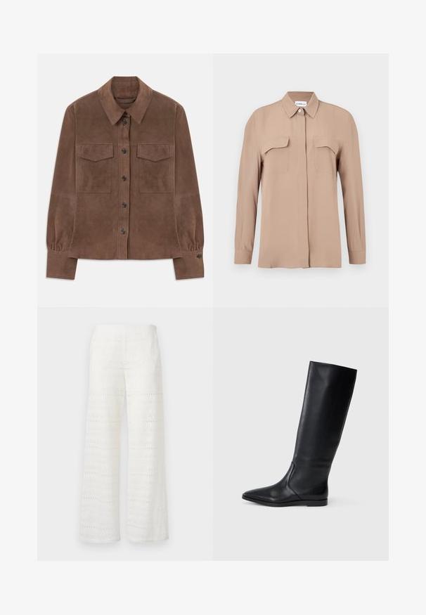 Brown suede long-sleeve shirt with button-down front, pointed collar, two chest flap pockets, and buttoned cuffs.; Beige long-sleeve button-up shirt in a lightweight fabric. Features two chest pockets and a classic collar, with a straight cut and minimal design.; Wide-leg white pants featuring embroidered patterns, eyelet detailing, and a textured finish; made of lightweight fabric for breathability.; Black leather knee-high boot with a pointed toe and minimal design. Smooth texture and flat sole, featuring discreet side stitching details.