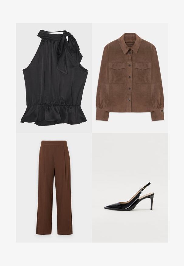 Cămașă lungă din suede maro, cu mâneci lungi, cu închidere butonată în față, guler ascuțit, două buzunare cu clapetă pe piept și manșete butonate.; DESIGNERS REMIX LUCILLE BOW - Top - black; Pantaloni maro cu picioare largi, cu o textură netedă, având o față plată și pliuri. Talie elastică pentru confort și potrivire.; Pantofi slingback din piele patent neagră, cu vârful ascuțit, tocul subțire și un design discret cu decupaj. Se evidențiază printr-un cataramă aurie pe curea.