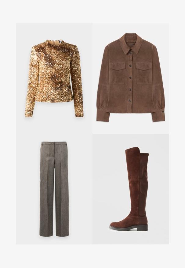 Braunes Wildlederhemd mit langen Ärmeln, Knopfleiste, spitzem Kragen, zwei Brustklapptaschen und geknöpften Manschetten.; Goldfarbener Pailletten-Oberteil mit langen Ärmeln, hochgeschlossenem Kragen und figurbetonter Silhouette. Glatte Textur, einheitliches schimmerndes Muster, verdeckte Reißverschluss hinten.; Grau gemusterte Hose mit taillierter Passform, weitem Bein und glatter Textur, mit flachem Vorderteil und Gürtelschlaufen.; Hohes braunes Wildleder- und Stoffboot mit niedrigem schwarzem Absatz und abgerundeter Zehenform, seitlich auf einem schlichten weißen Hintergrund abgebildet.