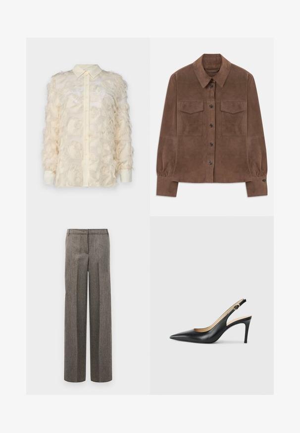 Brun ruskinds langærmet skjorte med knaplukning foran, spidse krave, to brystlommer med flap og knapmanchetter.; Marella DOUGLAS - Bluse - vaniglia; Grå mønstrede bukser med en skrædderdesign, brede ben og en glat overflade, med flad front og bæltestropper.; Sorte læder slingback højhælede sko med spids tå, justerbar rem og en slank stiletto hæl, der har en glat finish.