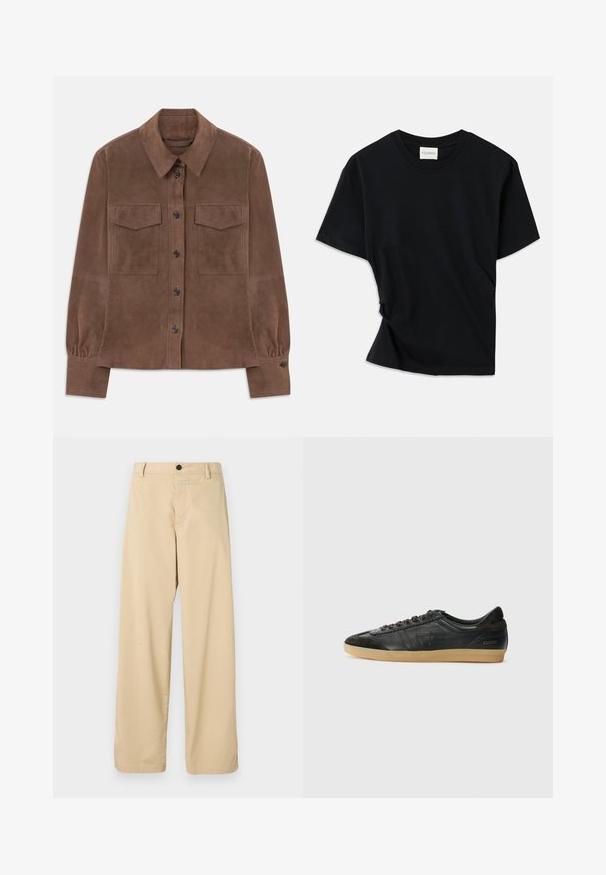 Brown suede long-sleeve shirt with button-down front, pointed collar, two chest flap pockets, and buttoned cuffs.; Black t-shirt made of soft cotton, featuring a crew neckline, short sleeves, and a slightly twisted design for a relaxed fit.; Beige cotton trousers with a straight-leg design, featuring a front zipper, a single black button, and two side pockets.; Black leather sneaker with suede accents, round toe, gum rubber sole, flat laces, and stitched detailing. Features brand logo on heel.