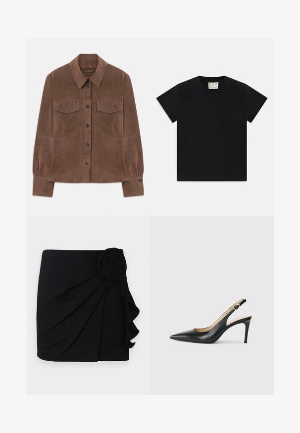 Smeđi suédni košulja dugih rukava s gumbima sprijeda, šiljastim ovratnikom, dva džepa s preklopom na prsima i manžetama na gumb.; Crna kratka majica s okruglim izrezom i kratkim rukavima s bijelim oznakom unutar ovratnika na kojoj piše "D.R.C. EST. 2002" na bijeloj pozadini.; Crna mini suknja izrađena od mekog materijala s naboranim dizajnom. Ima akcent ruže od tkanine sa strane i volanasti rub.; Crne kožne slingback visoke potpetice s šiljastim nosom, podesivim trakama i elegantnim stiletto potpeticama, s glatkom završnom obradom.