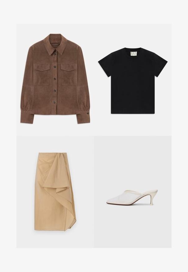 Hnedá semišová košeľa s dlhým rukávom, zapínaním na gombíky, špicatým golierom, dvoma náprsními vreckami s klopou a gombíkovými manžetami.; Čierne tričko s krátkym rukávom a okrúhlym výstrihom s bielou štítkom vo vnútri goliera označeným "D.R.C. EST. 2002" na bielom pozadí.; Bežová zavinovacia sukňa vyrobená z ľahkej látky s asymetrickým záhybom, s naťahovacím pásom a hladkým povrchom. Bez viditeľných zapínaní.; Biele sieťované lodičky s špicatou špičkou, s úzkym stredne vysokým podpätkom a bez zapínania, na jednobodovom pozadí.