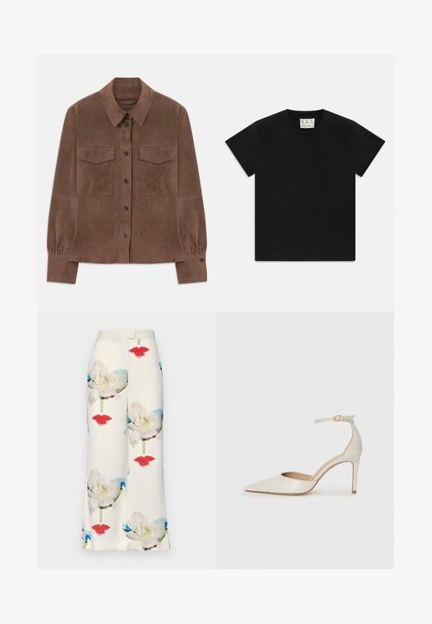 Brązowa zamszowa koszula z długim rękawem, zapinana na guziki z kołnierzykiem w szpic, dwiema kieszeniami na piersiach z klapkami oraz mankietami zapinanymi na guziki.; Czarny t-shirt z krótkim rękawem i okrągłym dekoltem, z białą metką wewnątrz kołnierza oznaczoną "D.R.C. EST. 2002" na białym tle.; Białe spodnie z tkaniny, zdobione kwiatowym wzorem z dużymi białymi kwiatami i czerwonymi ustami, o gładkiej fakturze i dopasowanym kroju prostym.; Białe skórzane szpilki z ostrym noskiem, paskiem wokół kostki i cienką szpilkową obcasem. Gładka faktura z subtelnym połyskiem.