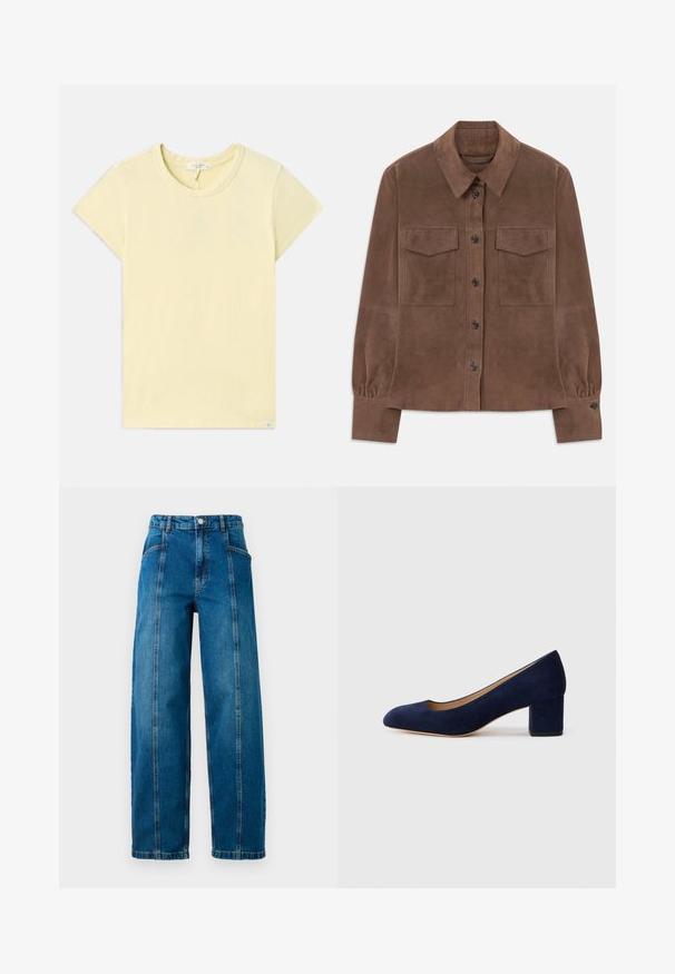 Chemise longue à manches longues en suède marron avec un devant à boutons, un col pointu, deux poches à rabat sur la poitrine et des poignets à boutons.; T-shirt jaune clair à manches courtes avec un col rond, texture douce, coupe standard et une petite étiquette de marque près de l'ourlet.; Jean en denim bleu taille haute avec jambes larges, coutures verticales avant, poches latérales, passants de ceinture et fermeture à bouton.; Escarpin en daim bleu marine avec un bout pointu et un talon bloc de hauteur intermédiaire. Texture lisse avec un subtil éclat et une petite découpe à l'avant.