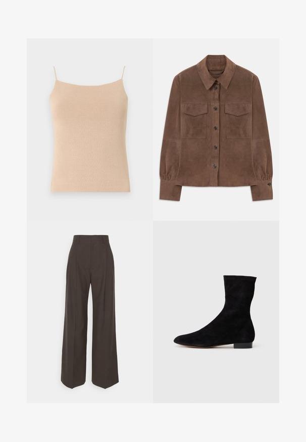 Cămașă lungă din suede maro, cu mâneci lungi, cu închidere butonată în față, guler ascuțit, două buzunare cu clapetă pe piept și manșete butonate.; Camisole bej tricotat cu bretele subțiri, având un design ajustat și un material texturat, ideal pentru a fi purtat pe sub alte haine sau pentru uz casual.; Pantaloni largi de culoare maro închis, cu talie înaltă, prezentând pliante bine călcate, textură fină și o croială adaptată.; Cizme scurte din suede negre, cu un știft ajustat, vârful ascuțit și un toc mic, pătrat. Textură netedă și design minimalist, potrivite pentru un stil versatil.