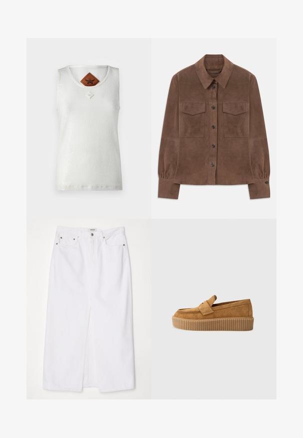 Camisa de ante marrón de manga larga con botón frontal, cuello puntiagudo, dos bolsillos de parche en el pecho y puños abotonados.; MCM SEQUINS TANK - Top - white; Falda de mezclilla blanca con abertura frontal, diseño de cinco bolsillos, cierre de botón metálico y cremallera, y detalles de dobladillo cosido.; Mocasín de ante marrón con punta redonda, presentado con una suela de plataforma estriada y una cinta decorativa en la parte superior.