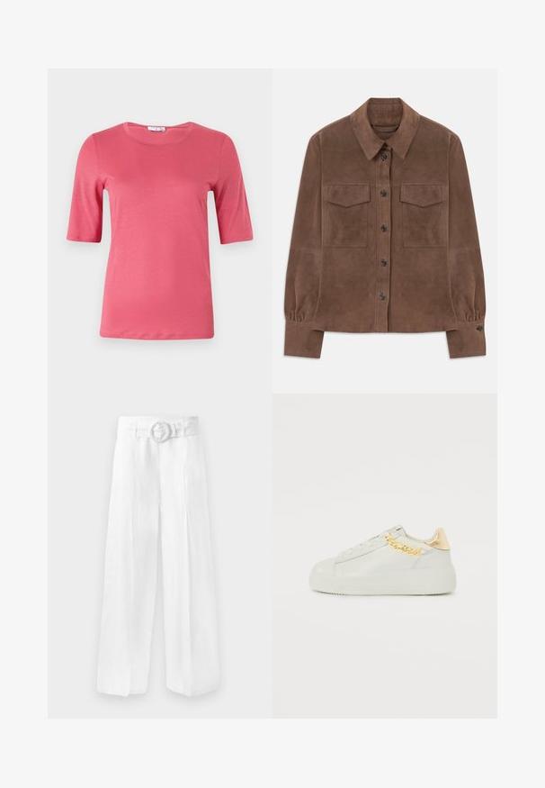 Hnědá suedová košile s dlouhým rukávem, zapínáním na knoflíky, špičatým límcem, dvěma kapsami na hrudi s klopami a knoflíkovými manžetami.; Krátký rukáv, tričko s kulatým výstřihem v živé růžové barvě, vyrobené z měkké tkaniny s hladkým povrchem, s rovnými lemy a minimalistickým designem.; Široké bílé lněné kalhoty s páskem s kruhovou sponou. Hladký povrch s volným střihem, bez viditelných vzorů.; Bílé lakované kožené tenisky s robustní podrážkou, zdobené zlatým řetízkem a metalickým detailem na patě. Jednoduchý design na šněrování.