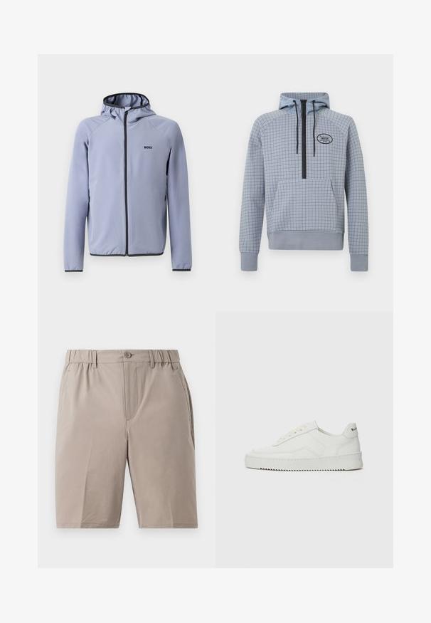 Világoskék, kapucnis, cipzáras dzseki sima anyagból. Fekete díszítéssel a cipzárnál és a szegélynél, mivel a mellekén logó található.; Világoskék kapucnis pulóver kockás mintázattal, fél cipzáras kivitel, állítható zsinórok és elülső zseb. Fekete logóval kiemelve.; Könnyű anyagból készült bézs rövidnadrág. Rugalmas derékpánt, gombos zárás és oldalsó zsebek jellemzik. Simább tapintás, térd alatt végződő szabás.; Fehér bőr sportcipő sima felülettel, kerek orral, lapos fűzőkkel és texturált talppal. Finom logó található a sarokon.
