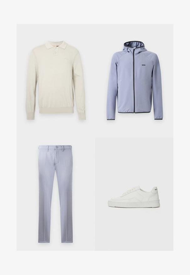 Lichtblauwe zip-up jack met capuchon, gemaakt van een gladde stof. Bevat zwarte accenten langs de rits en onderrand, met een logo op de borst.; Crème lange mouwen polo shirt van een zachte gebreide stof. Heeft een klassieke kraag, twee knopen, en geribbelde manchetten en zoom. Subtiel logo op de borst.; Lichtgrijze op maat gemaakte broeken van gladde stof, met een knoopsluiting, riemlussen en een rechte pijp. Geen zichtbare zakken.; Witte leren sneaker met een gladde afwerking, ronde neus, platte veters en een gestructureerde zool. Kenmerkt zich door een subtiel logo op de hiel.