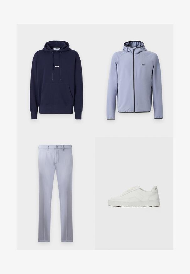 Gaiši zila zipa jaku ar kapuci, izgatavota no gluda auduma. Ar melniem akcentiem gar rāvējslēdzi un apakšmalu, ar logo uz krūšu.; Tumši zils džemperis ar kapuci, ar priekšējo kabatu, aukliņu kapucē un baltu "MSGM" logotipu uz krūšu daļas. Mīksts materiāls ar ribotu aproču un apakšmalu.; Gai pelēki pielāgoti bikses, izgatavotas no gludas auduma, ar pogu aizdari, jostas cilpām un taisnu kāju dizainu. Kabatas nav redzamas.; Baltas ādas sneakers ar gludu virsmu, apaļu pirkstu daļu, plakaniem šņorēm un teksturētu zoli. Satur diskrētu logotipu uz papēža.