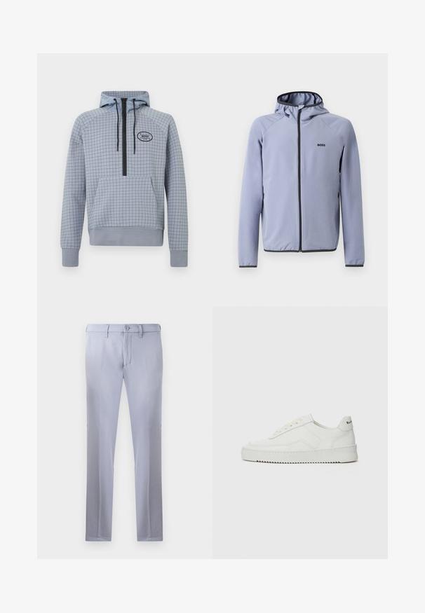 Gaiši zila zipa jaku ar kapuci, izgatavota no gluda auduma. Ar melniem akcentiem gar rāvējslēdzi un apakšmalu, ar logo uz krūšu.; Gaiši zila kapuce ar šaha rakstu, pusūdens dizains, regulējami savilktie gali un priekšējais kabatas maisiņš. Melns logo akcenti.; Gai pelēki pielāgoti bikses, izgatavotas no gludas auduma, ar pogu aizdari, jostas cilpām un taisnu kāju dizainu. Kabatas nav redzamas.; Baltas ādas sneakers ar gludu virsmu, apaļu pirkstu daļu, plakaniem šņorēm un teksturētu zoli. Satur diskrētu logotipu uz papēža.