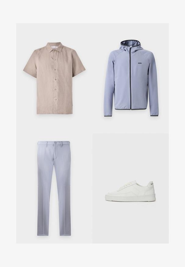 Világoskék, kapucnis, cipzáras dzseki sima anyagból. Fekete díszítéssel a cipzárnál és a szegélynél, mivel a mellekén logó található.; Rövid ujjú, gombos ing világos bézs len anyagból. Tág gallérral és a gombokkal harmonizáló elülső gombolással rendelkezik. Sima textúra.; Világosszürke, sima anyagból készült, szabott nadrág, gombos záródással, övhunokkal és egyenes szárú kialakítással. Zsebek nem láthatók.; Fehér bőr sportcipő sima felülettel, kerek orral, lapos fűzőkkel és texturált talppal. Finom logó található a sarokon.