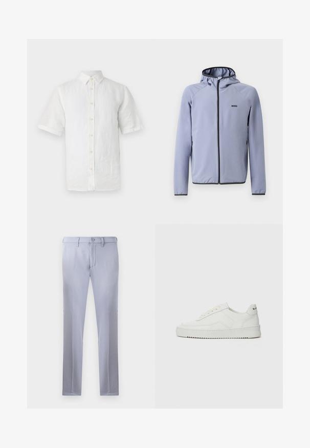 Světlomodrá bunda na zip s kapucí, vyrobená z hladké tkaniny. Obsahuje černé detaily podél zipu a lemu, s logem na hrudi.; Bílá krátká košile s krátkým rukávem z lnu, s klasickým límcem, dřevěnými knoflíky a mírně texturovaným povrchem.; Světle šedé kalhoty na míru vyrobené z hladké tkaniny, s knoflíkovým zapínáním, poutky na opasek a rovnou nohavicí. Žádné viditelné kapsy.; Bílé kožené tenisky s hladkým povrchem, kulatou špičkou, plochými tkaničkami a texturovanou podrážkou. Na patě se nachází nenápadné logo.