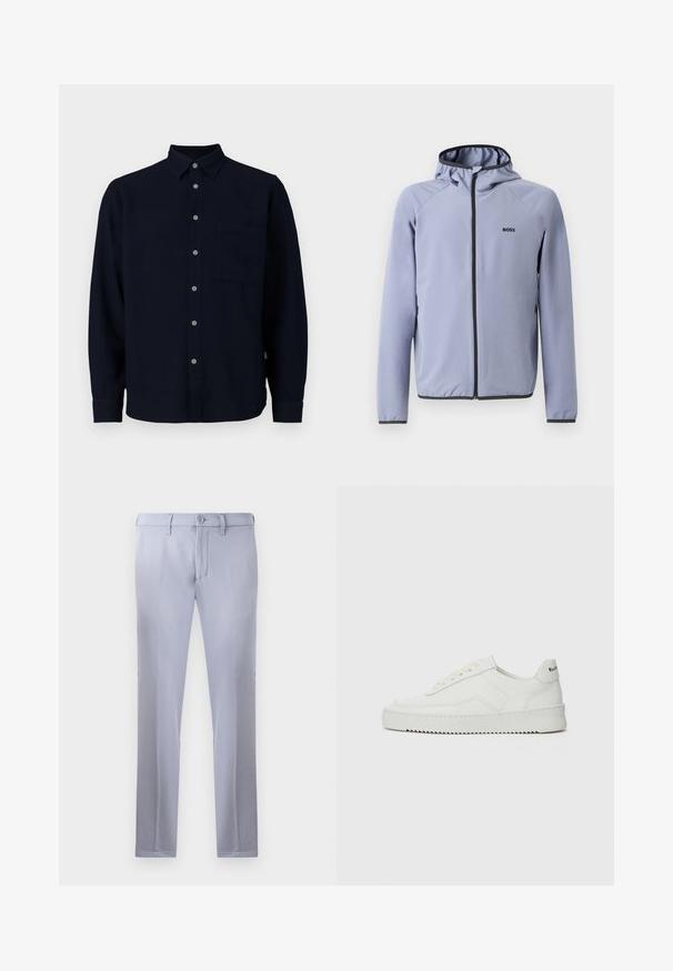 Svetlomodrá zipsová bunda s kapucňou, vyrobená z hladkej tkaniny. Obsahuje čierne akcenty pozdĺž zipsu a lemu, s logom na hrudi.; Námornícky pohodlný dlhovrstvý manžestrový košeľa. Obsahuje zapínanie na gombíky, špicatý golier a náprsné vrecko. Sivé gombíky pridávajú kontrast.; Svetlošedé nohavice na mieru vyrobené z hladkej tkaniny, so zapínaním na gombík, pútkami na opasok a strihom s rovnými nohavicami. Žiadne viditeľné vrecká.; Biele kožené tenisky s hladkým povrchom, okrúly špičkový dizajn, ploché šnúrky a textúrovaná podrážka. Obsahujú jemné logo na päte.