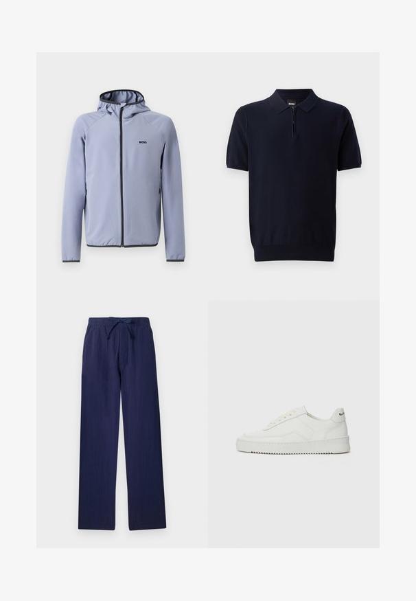 Jachetă cu fermoar de culoare albastru deschis, cu glugă, fabricată dintr-un material neted. Prezintă accente negre de-a lungul fermoarului și a tivului, cu un logo pe piept.; Polo din material tricotat de culoare bleumarin, cu un decolteu scurt cu fermoar, mâneci scurte și tiv ajustat. Prezintă o textură subtilă.; Pantaloni largi de un albastru marin, confecționați dintr-un material ușor. Au o talie elastică cu șnur și buzunare laterale. Textură netedă.; Sneakers din piele albă cu un finisaj neted, vârf rotund, șireturi plate și o talpă texturată. Prezintă un logo subtil pe călcâi.