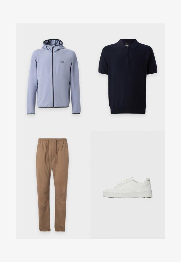 Světlomodrá bunda na zip s kapucí, vyrobená z hladké tkaniny. Obsahuje černé detaily podél zipu a lemu, s logem na hrudi.; Námořnická modrá polo tričko vyrobené z pletené látky s krátkým zipem u výstřihu, krátkými rukávy a přiléhavým lemem. Má jemnou texturu.; Hnědé kalhoty z bavlněné směsi s elastickým pasem, nastavitelním šňůrkovým stahováním a zúženými manžetami. Hladká textura, žádné viditelné vzory ani kovové prvky.; Bílé kožené tenisky s hladkým povrchem, kulatou špičkou, plochými tkaničkami a texturovanou podrážkou. Na patě se nachází nenápadné logo.