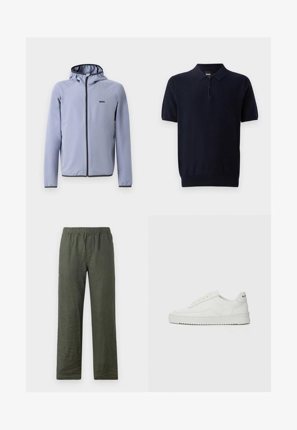 Lys blå zip-up jakke med hætte, lavet af glat stof. Har sorte detaljer langs lynlåsen og kanten, med et logo på brystet.; Marineblå polo med kort lynlås i halsen, kortærmet og tætsiddende kant. Har en subtil tekstur.; Mørkegrønne linnedbukser med elastisk talje, lige ben-design og en let krøllet struktur. Ingen synlig hardware eller mønstre.; Hvide lædersneakers med en glat overflade, rund tå, flade snørebånd og en tekstureret sål. Har et diskret logo på hælen.
