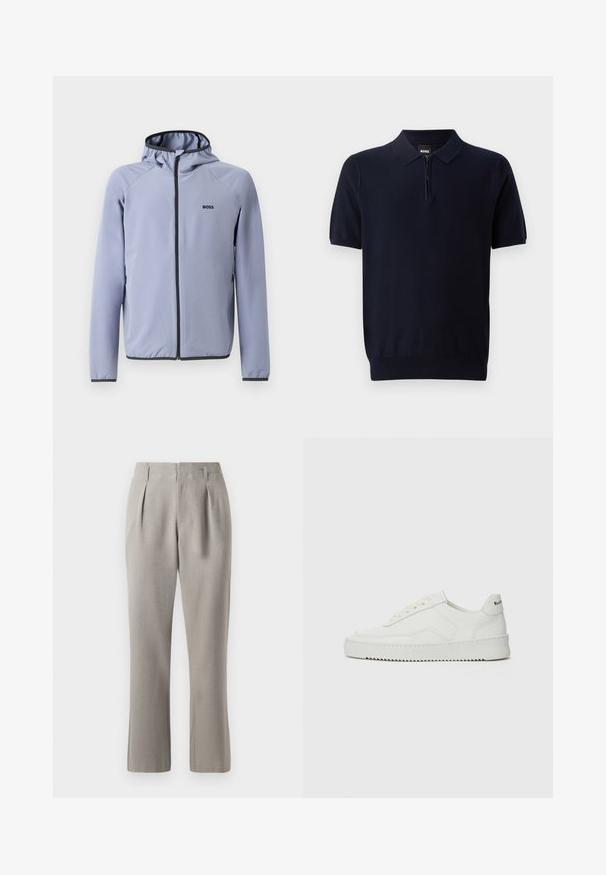 Lys blå hettejakke med glidelås, laget av glatt stoff. Har svarte detaljer langs glidelåsen og kanten, med en logo på brystet.; Marineblå polo-shirt laget av strikket stoff med kort glidelås, korte ermer og en tettsittende kant. Har en subtil tekstur.; Grå skreddersydde bukser med en glatt tekstur, med frontfold og belteholdere, samt rette bein. Materialet virker strukturert og lett.; Hvite lærersneakers med en jevn overflate, rund tå, flate lisser og en teksturert såle. Har en subtil logo på hælen.