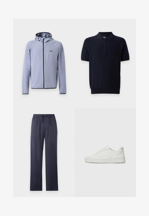 Lichtblauwe zip-up jack met capuchon, gemaakt van een gladde stof. Bevat zwarte accenten langs de rits en onderrand, met een logo op de borst.; Navyblauwe poloshirt van gebreide stof met een korte rits halslijn, korte mouwen en een getailleerde zoom. Heeft een subtiele textuur.; Navyblauwe, losse broek van zachte stof met een elastische tailleband en verstelbaar trekkoord. Rechtesnit, zonder zakken.; Witte leren sneaker met een gladde afwerking, ronde neus, platte veters en een gestructureerde zool. Kenmerkt zich door een subtiel logo op de hiel.