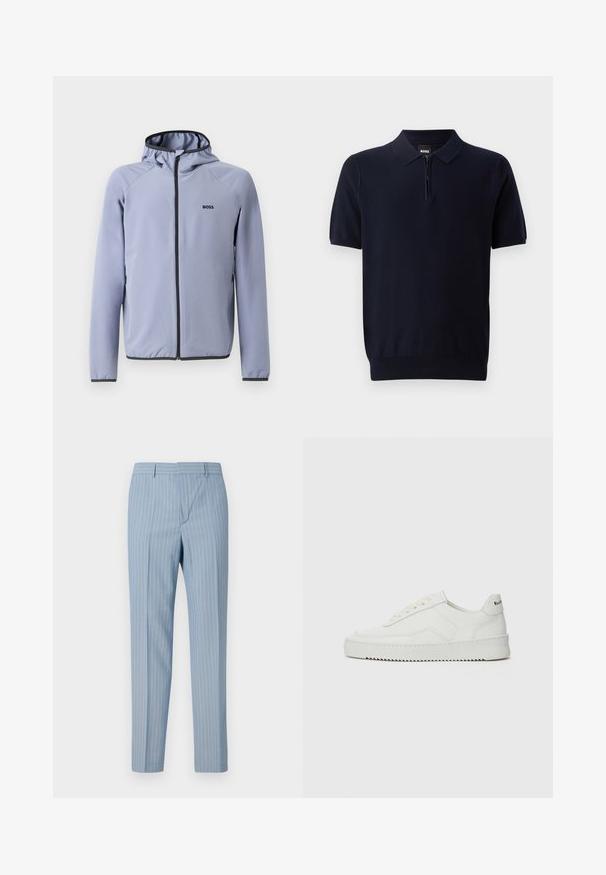 Light blue zip-up jacket with a hood, made of smooth fabric. Features black accents along the zipper and hem, with a logo on the chest.; Navy blue polo shirt made of knitted fabric with a short zip neckline, short sleeves, and a fitted hem. Features a subtle texture.; Light blue striped trousers with a slim fit, featuring vertical pinstripes in white. Made from a smooth fabric with a tailored design.; White leather sneaker with a smooth finish, round toe, flat laces, and a textured sole. Features a subtle logo on the heel.